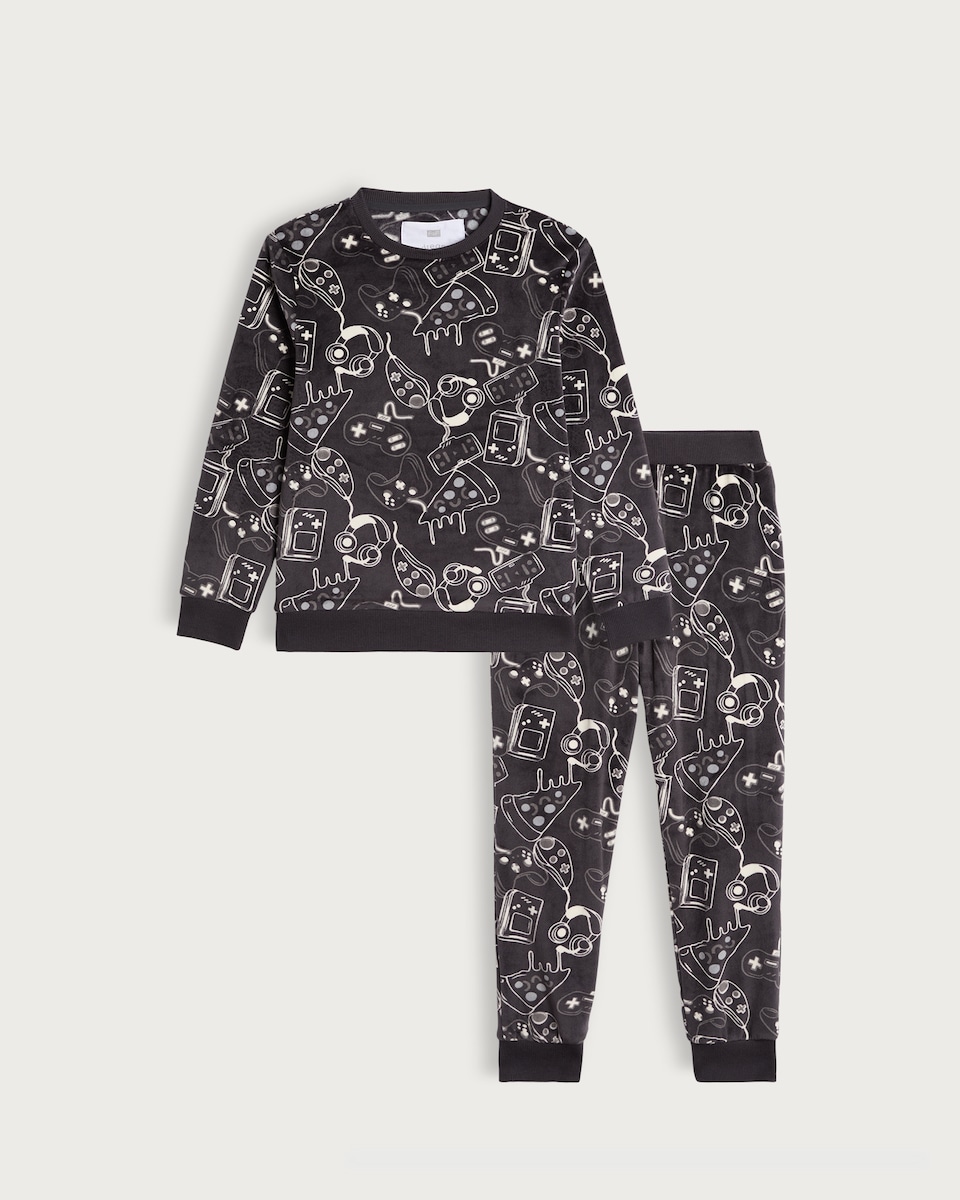 image 1 of F&F Boys Fleece Gaming Print Pyjama Set in Black