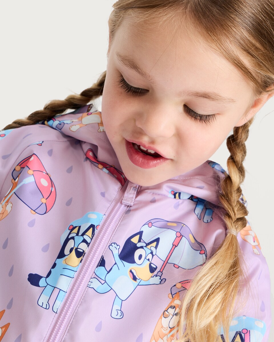 image 1 of Bluey Rainy Day Print Hooded Puddlesuit in Purple