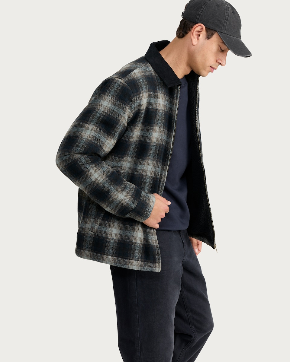 image 1 of F&F Check Print Borg Lined Zip Up Jacket in Black