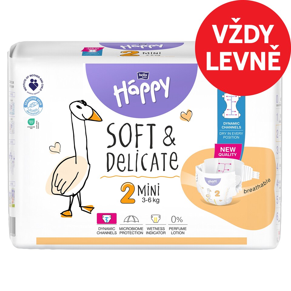 Bella Baby Happy dětské plenky s kanálky Soft & Delicate vel. 2 (3-6 kg), 38 ks