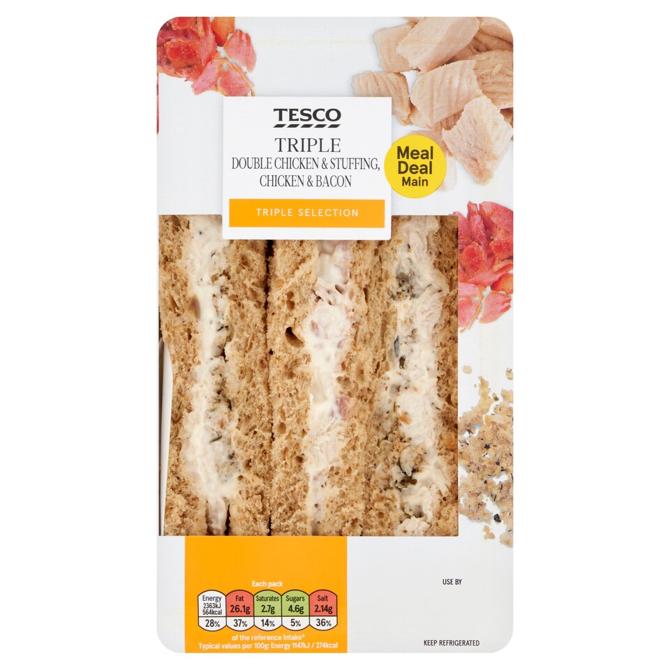 Tesco Triple Double Chicken & Stuffing, Chicken & Bacon Sandwich 206g