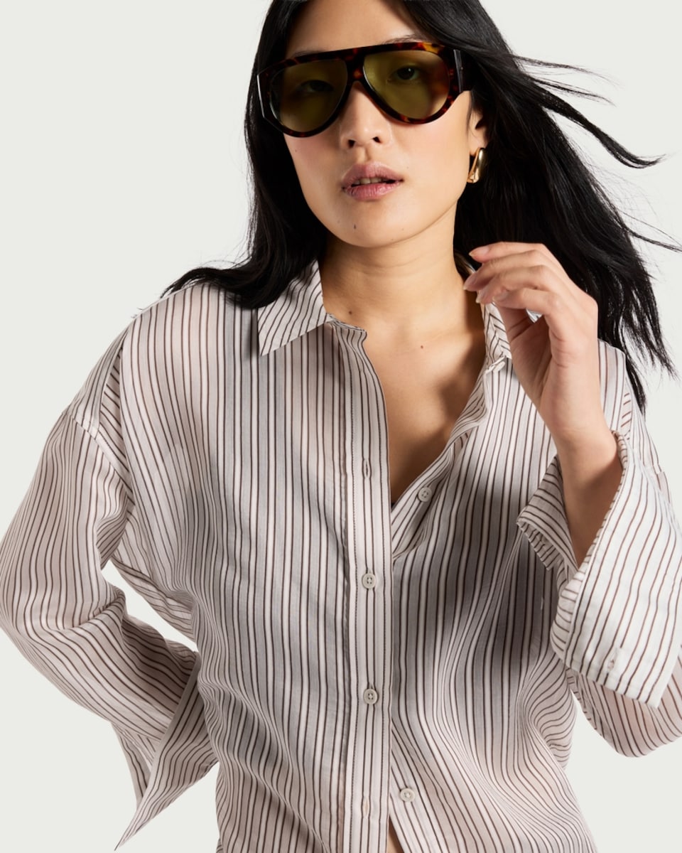image 1 of F&F Striped Button Up Shirt in Cream