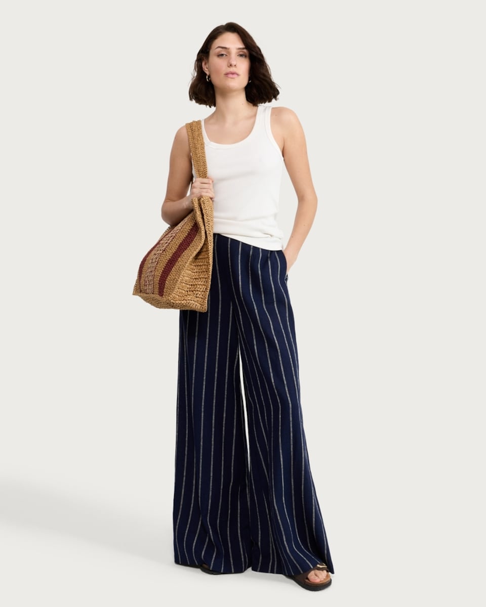 image 1 of The F&F Edit Linen Rich Striped Super Wide Leg Trousers in Navy