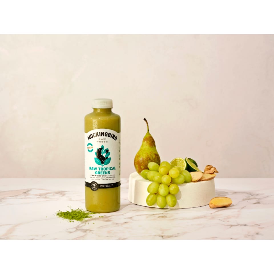 image 1 of Mockingbird Raw Tropical Greens, Cucumber, White Grape, Pear, Ginger with Vitamins 750ml