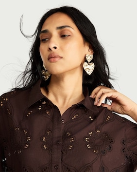 The F&F Edit Pure Cotton Embroidered Scallop Hem Co-ord Shirt in Chocolate