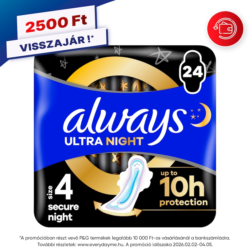 Always Ultra Secure Night Egészségügyi Betét (4-es Méret) Szárnyas Betét x 24]  1. kép