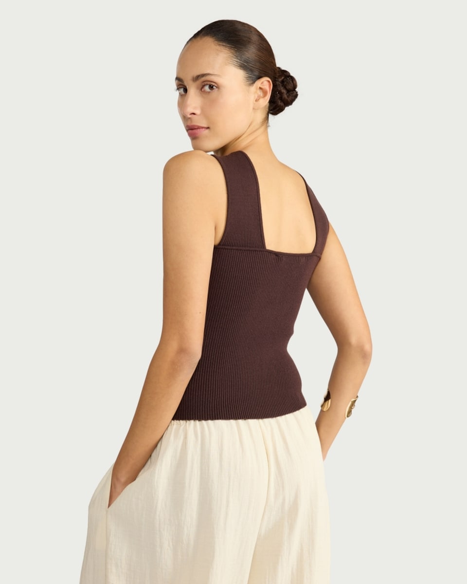 image 1 of The F&F Edit Ribbed Halter Neck Cross Over Top in Chocolate