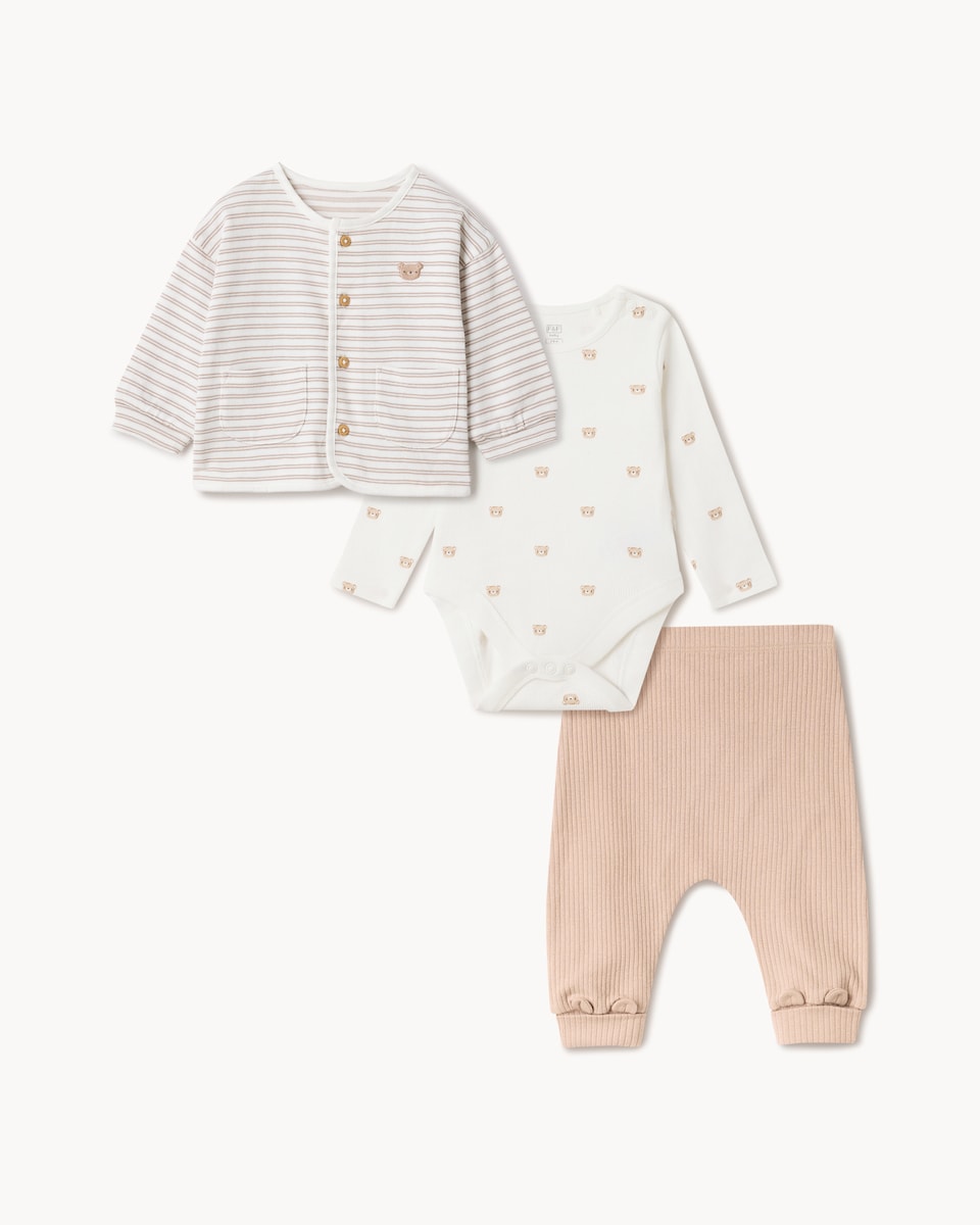 image 1 of F&F Baby 3-Piece Cotton Rich Printed Bear Set in Tan