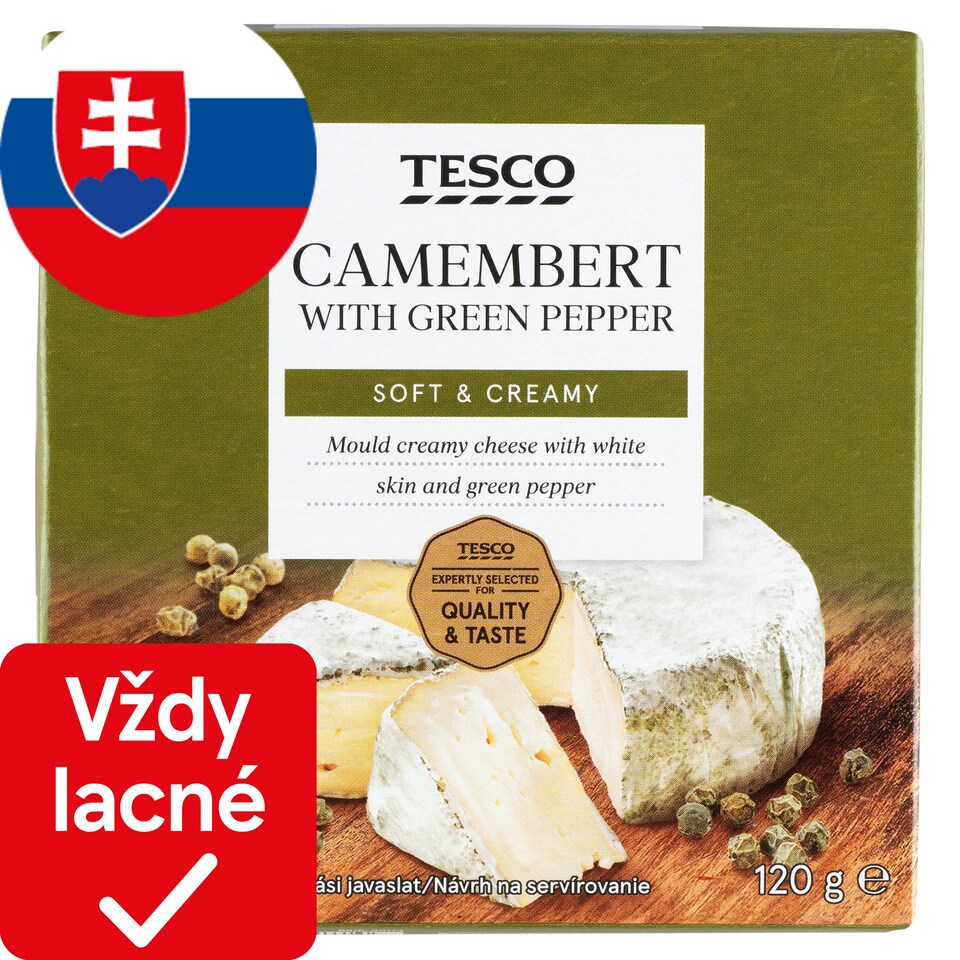 Tesco Mäkký zrejúci plnotučný syr s bielou plesňou na povrchu so zeleným korením 120 g