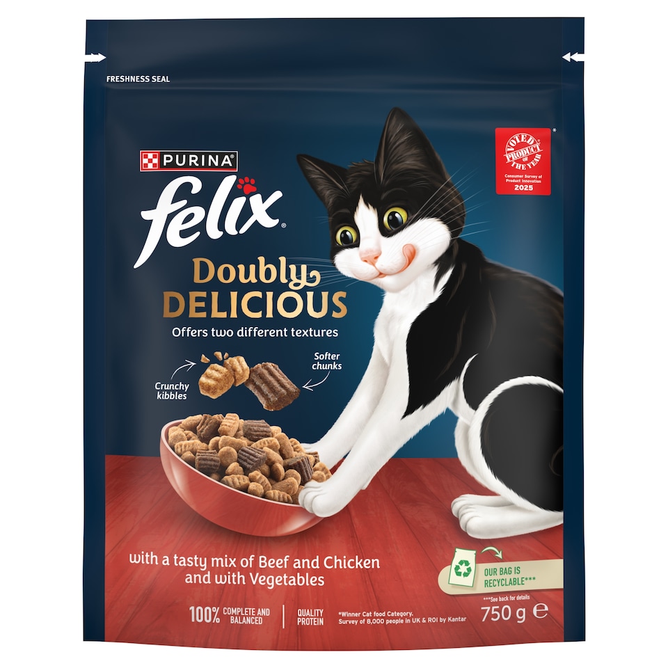 image 1 of Felix Dry Doubly Delicious Beef, Chicken & Vegetables Cat Food 750g