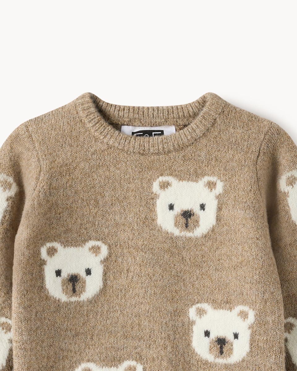image 1 of F&F Baby Knitted Bear Jumper and Leggings Set in Stone