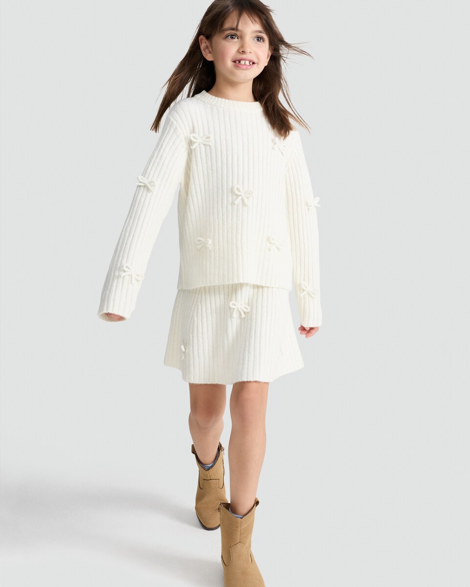 image 1 of F&F Girls Ribbed Bow Detail Jumper and Skirt Outfit in Multi