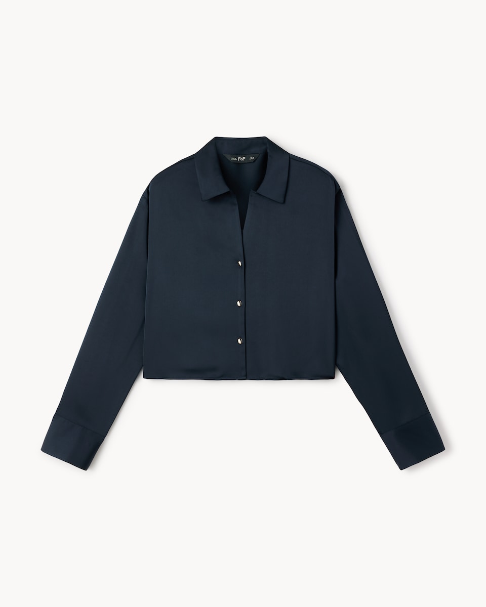 image 1 of F&F Satin Cropped Shirt in Navy