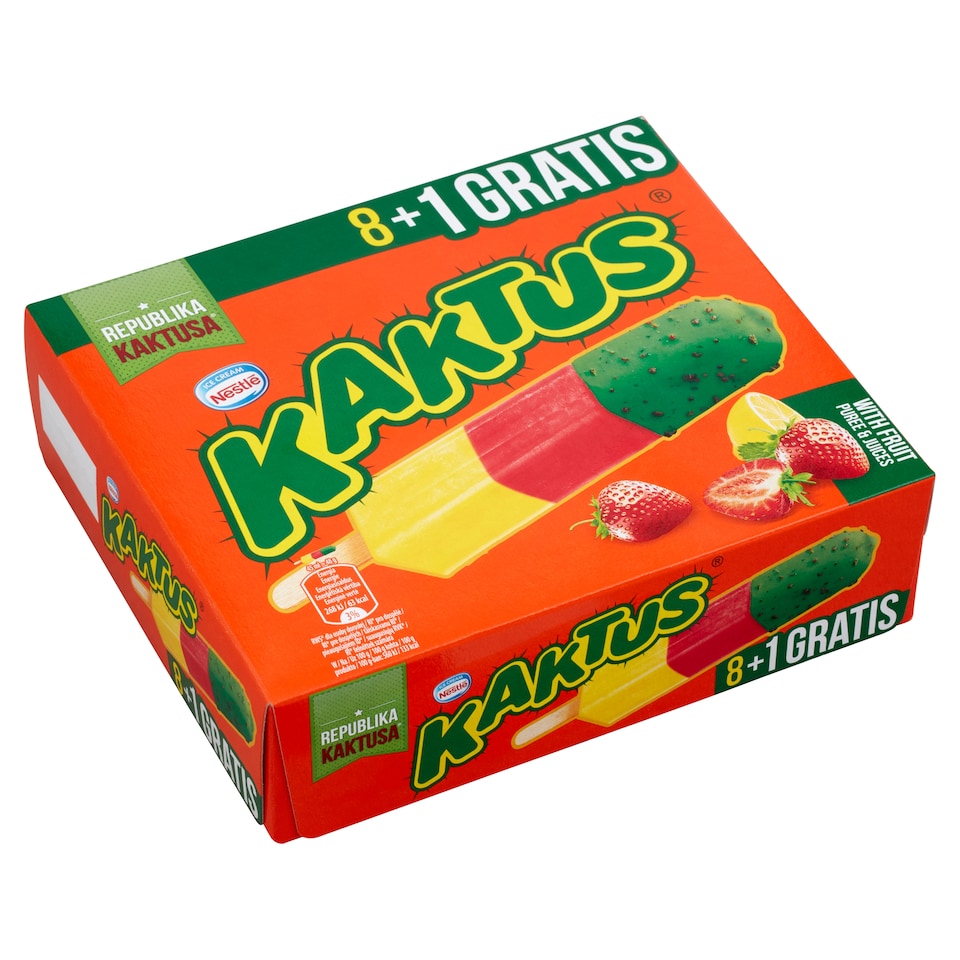 image 1 of Kaktus Lemon Flavored Water Ice Cream and Strawberry Sorbet with Green Coating 9 pcs 405 ml