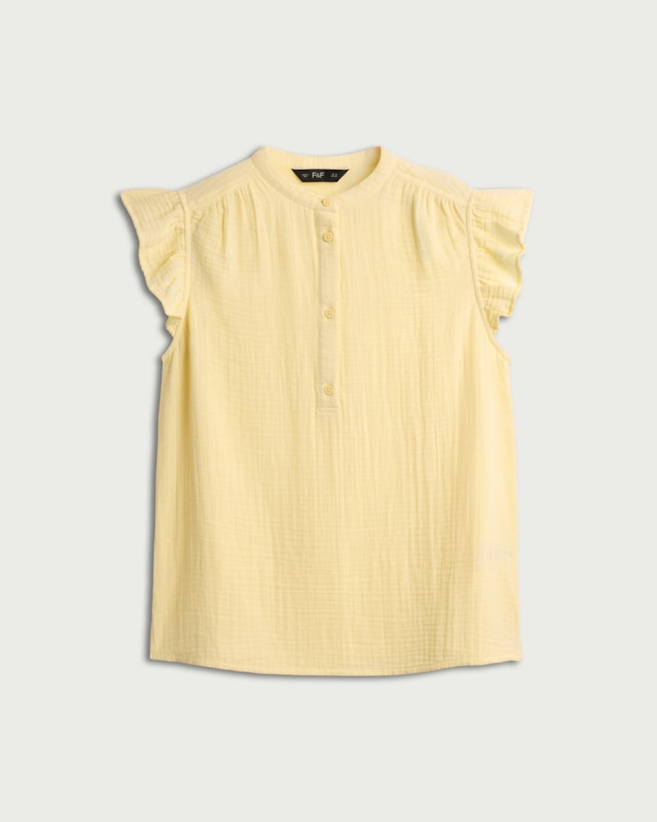 image 1 of F&F Pure Cotton Double Cloth Ruffle Sleeved Blouse in Yellow