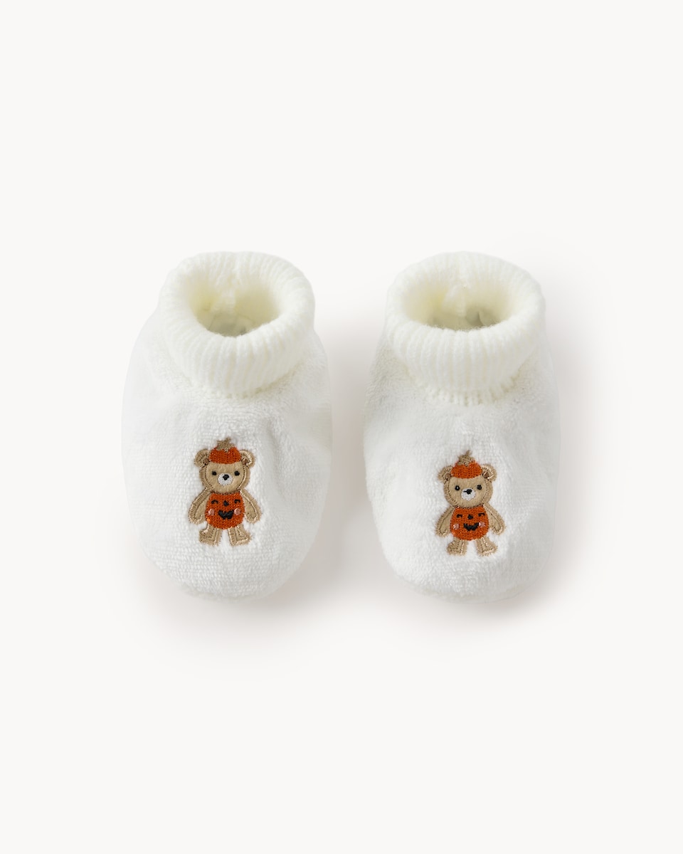 image 1 of F&F Baby Embroidered Pumpkin Bear Booties in Orange