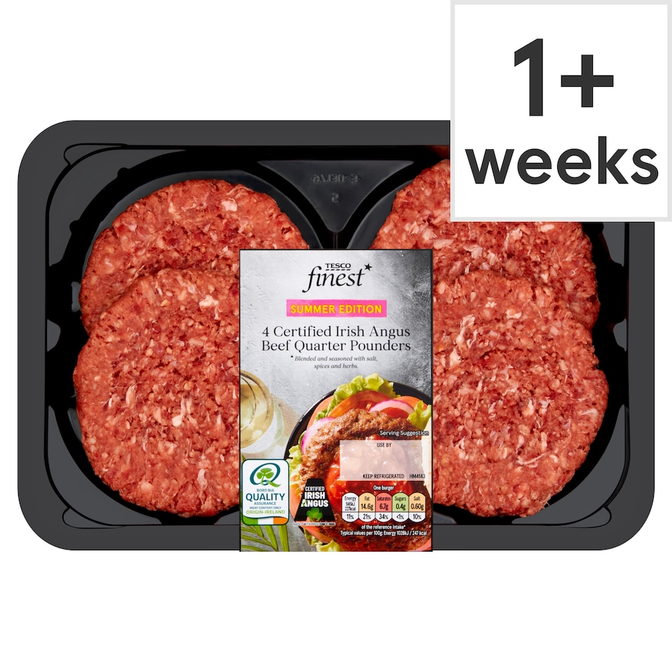 Tesco Finest 4 Irish Angus Beef Quarter Pounders 454G