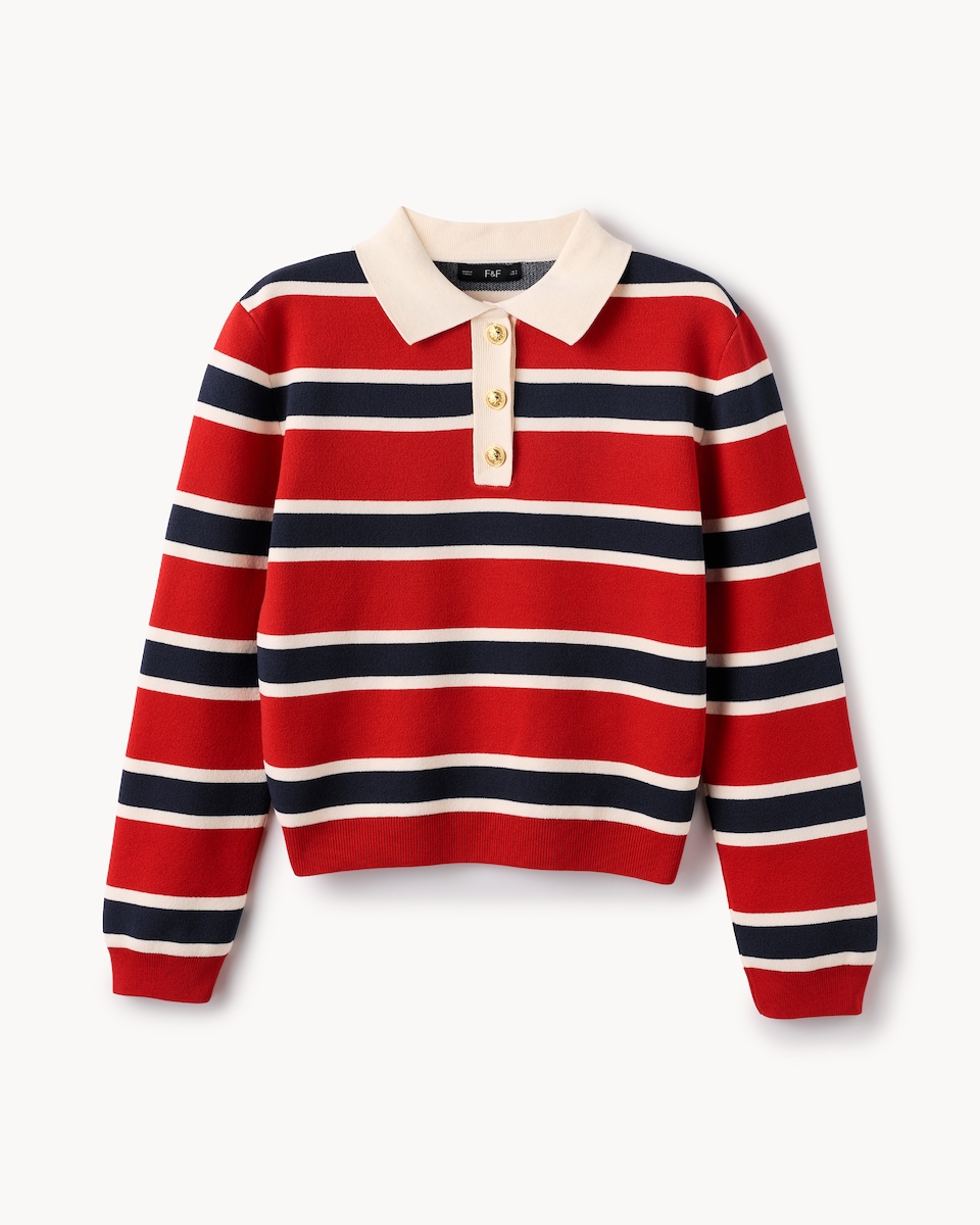 image 1 of F&F Striped Rugby Knitted Jumper in Multi Red