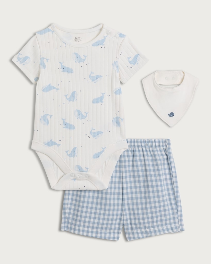 F&F Baby 3-Piece Cotton Rich Whale Print Bodysuit, Gingham Shorts and Bib Set in Blue