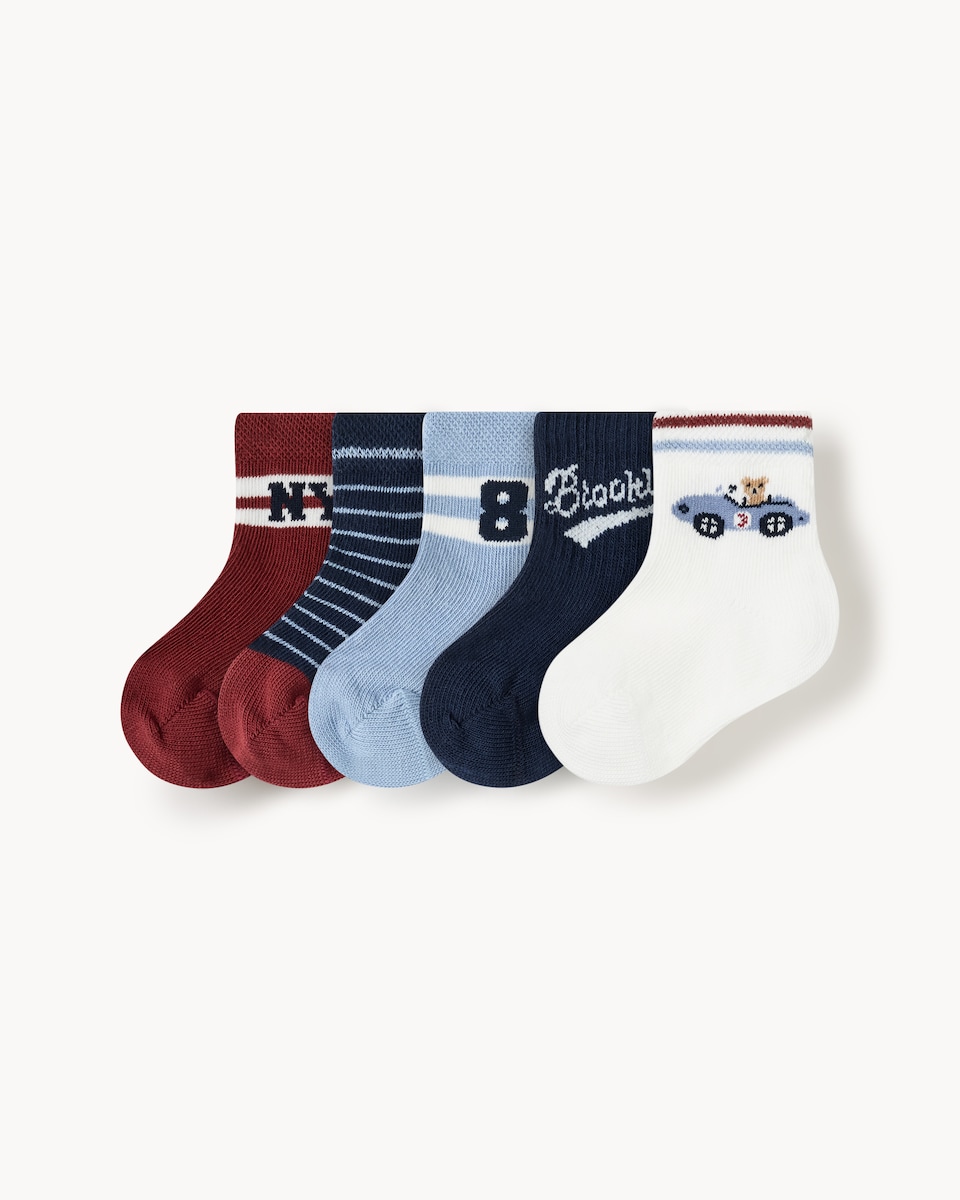 F&F Baby 5-Pack Cotton Rich Varsity Ankle Socks in Multi