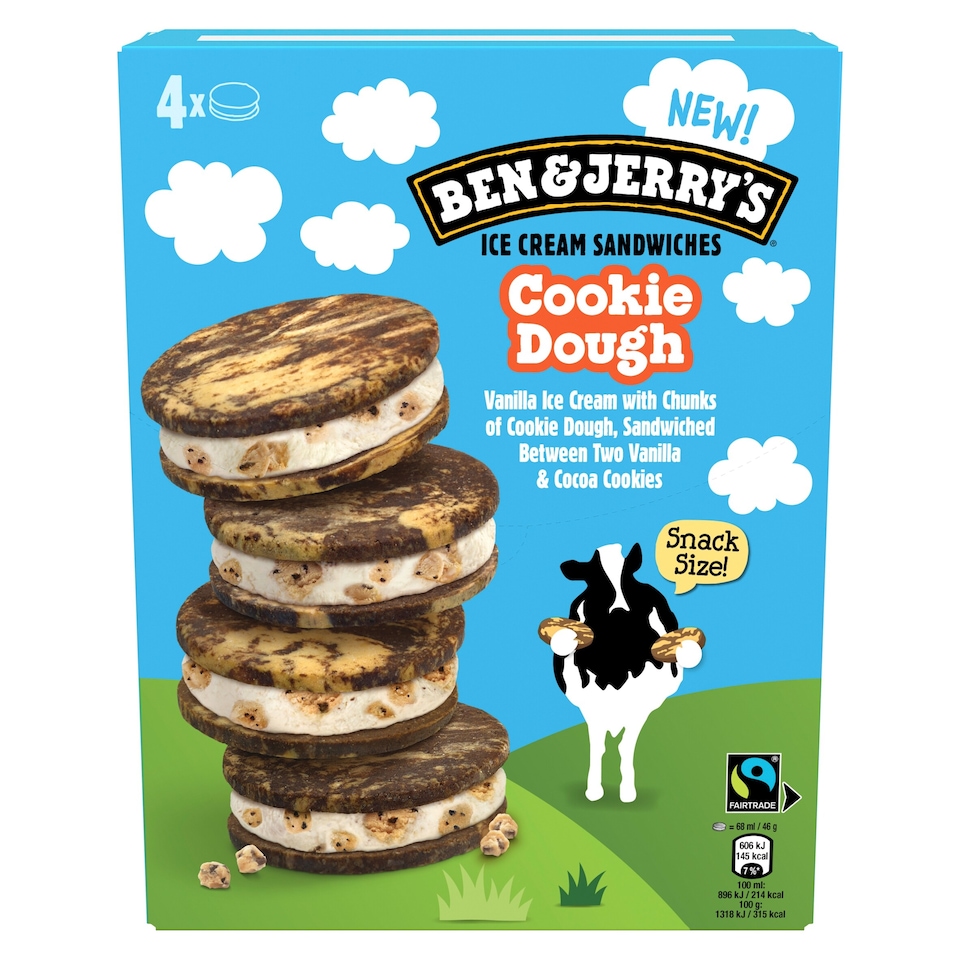 image 1 of Ben & Jerry's Cookie Dough Ice Cream Sandwich 4x68ml