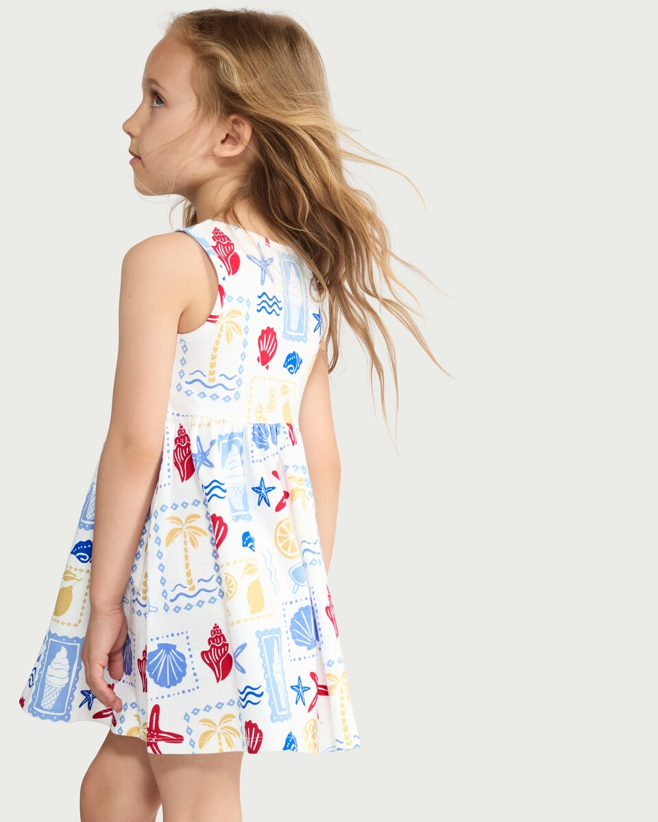 image 1 of F&F Girls Pure Cotton Sea Life Sleeveless Dress in Multi White