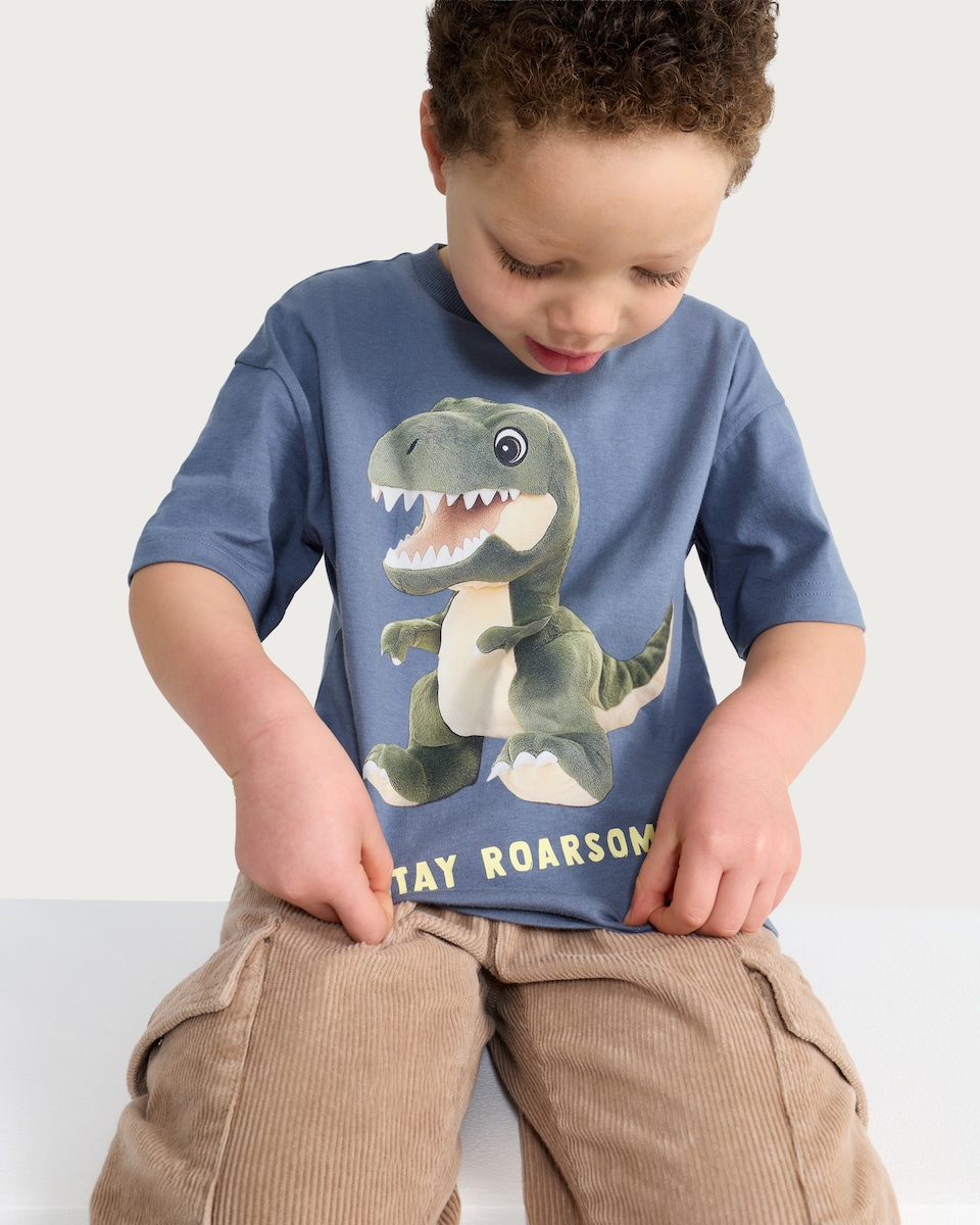 image 1 of F&F Boys Pure Cotton Stay Roarsome Dinosaur T-Shirt in Blue