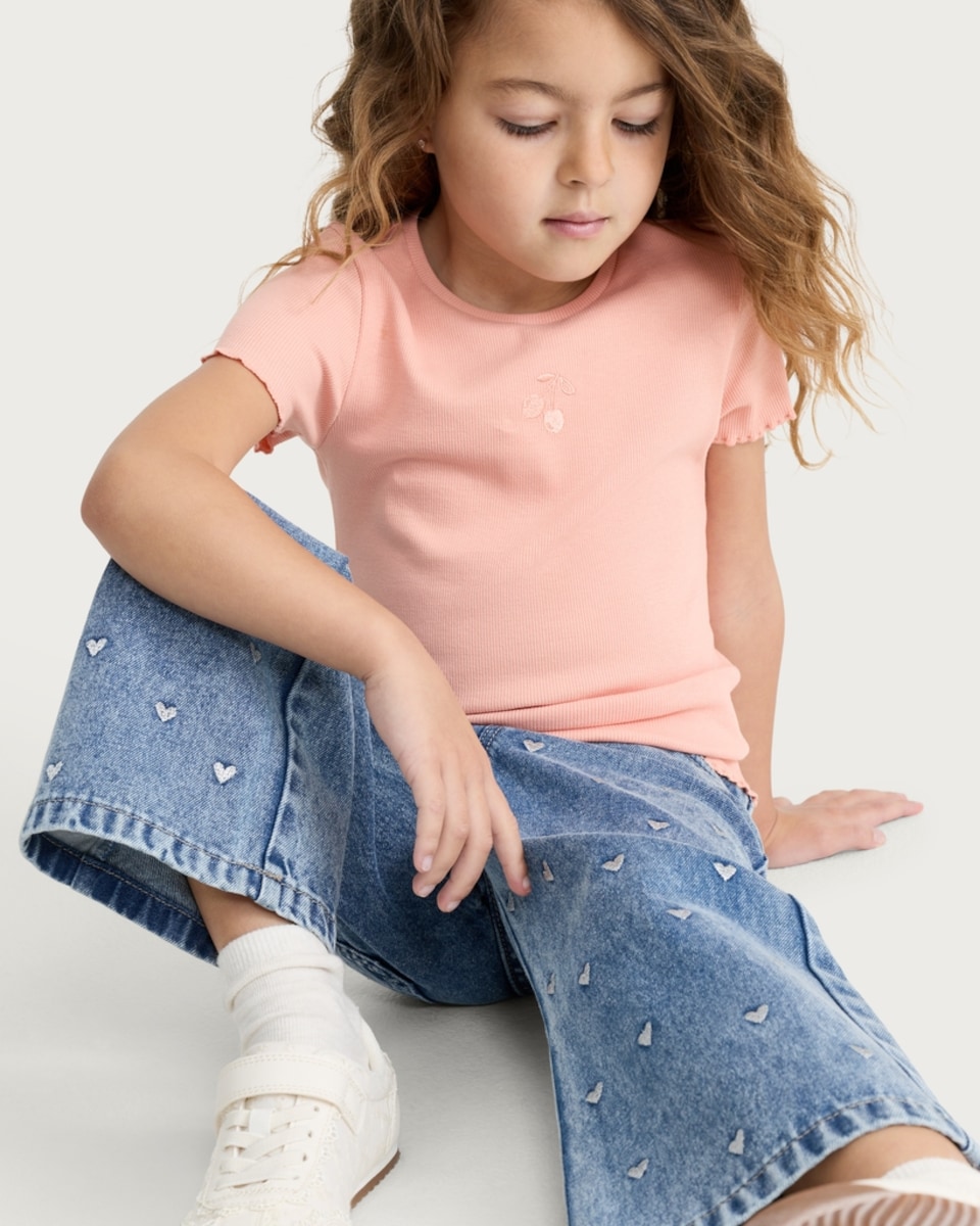 image 1 of F&F Girls Cotton Rich Ribbed Cherry Embroidered T-Shirt in Coral