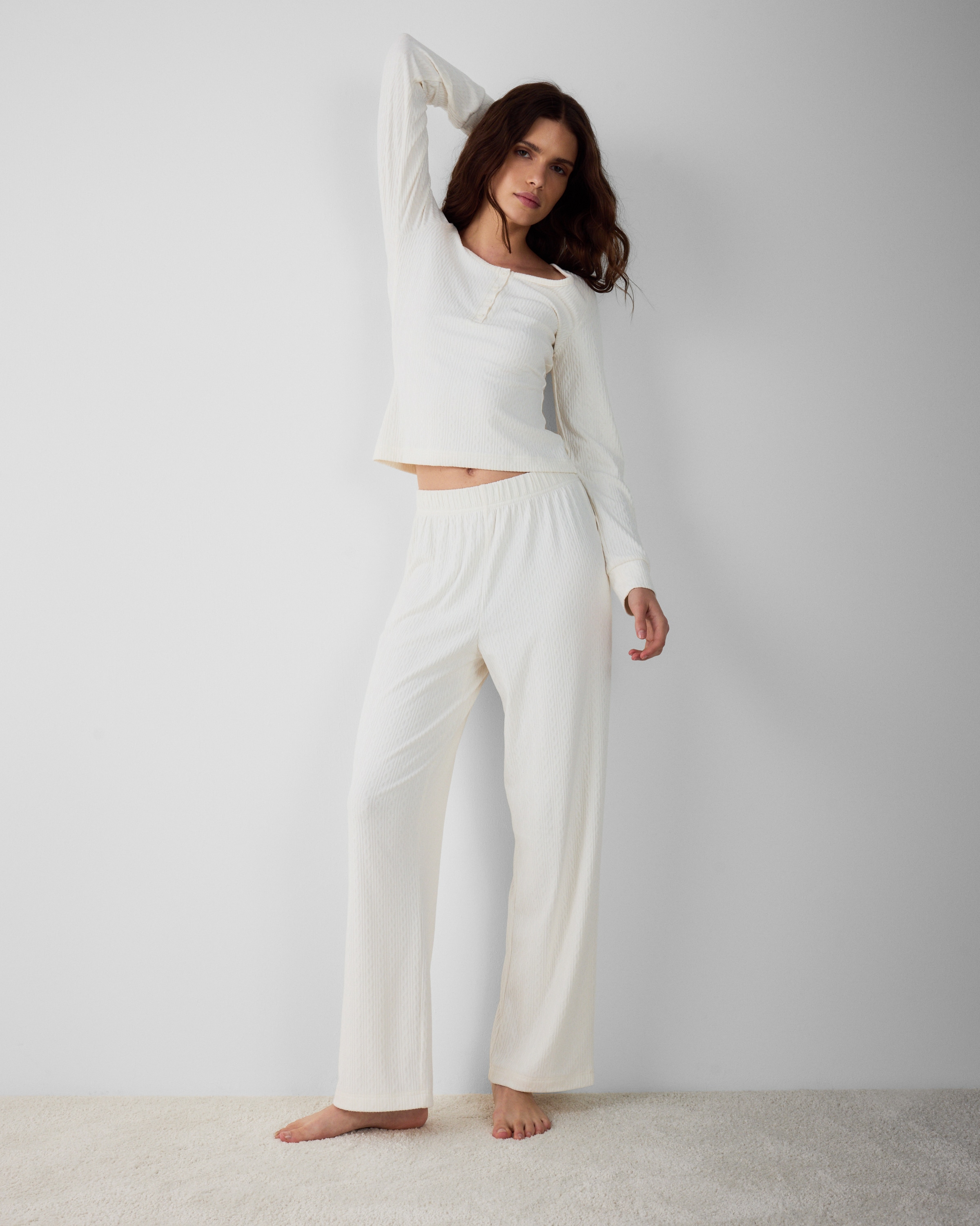 F&F Pointelle Cable Knit Pyjama Set in Cream