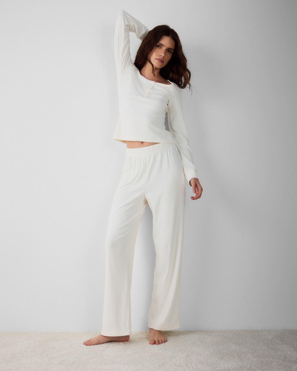 image 1 of F&F Pointelle Cable Knit Pyjama Set in Cream