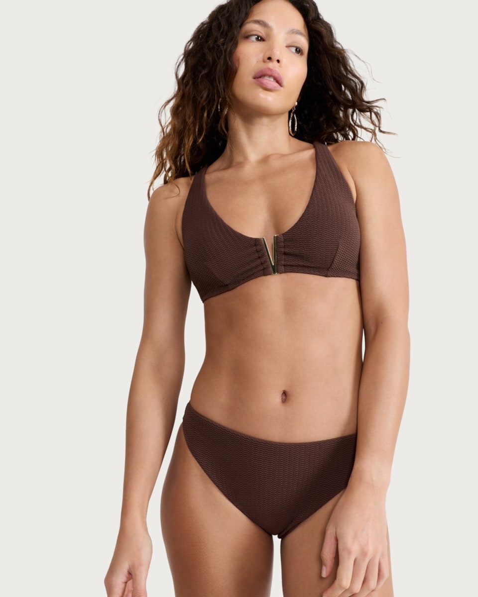 image 1 of F&F Textured High Leg Bikini Bottoms in Chocolate