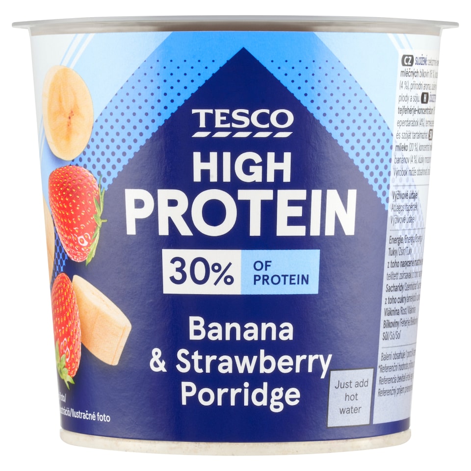 Tesco High Protein instant vaníliaízű zabkása, fagyasztva szárított banán- és eperdarabokkal 65 g