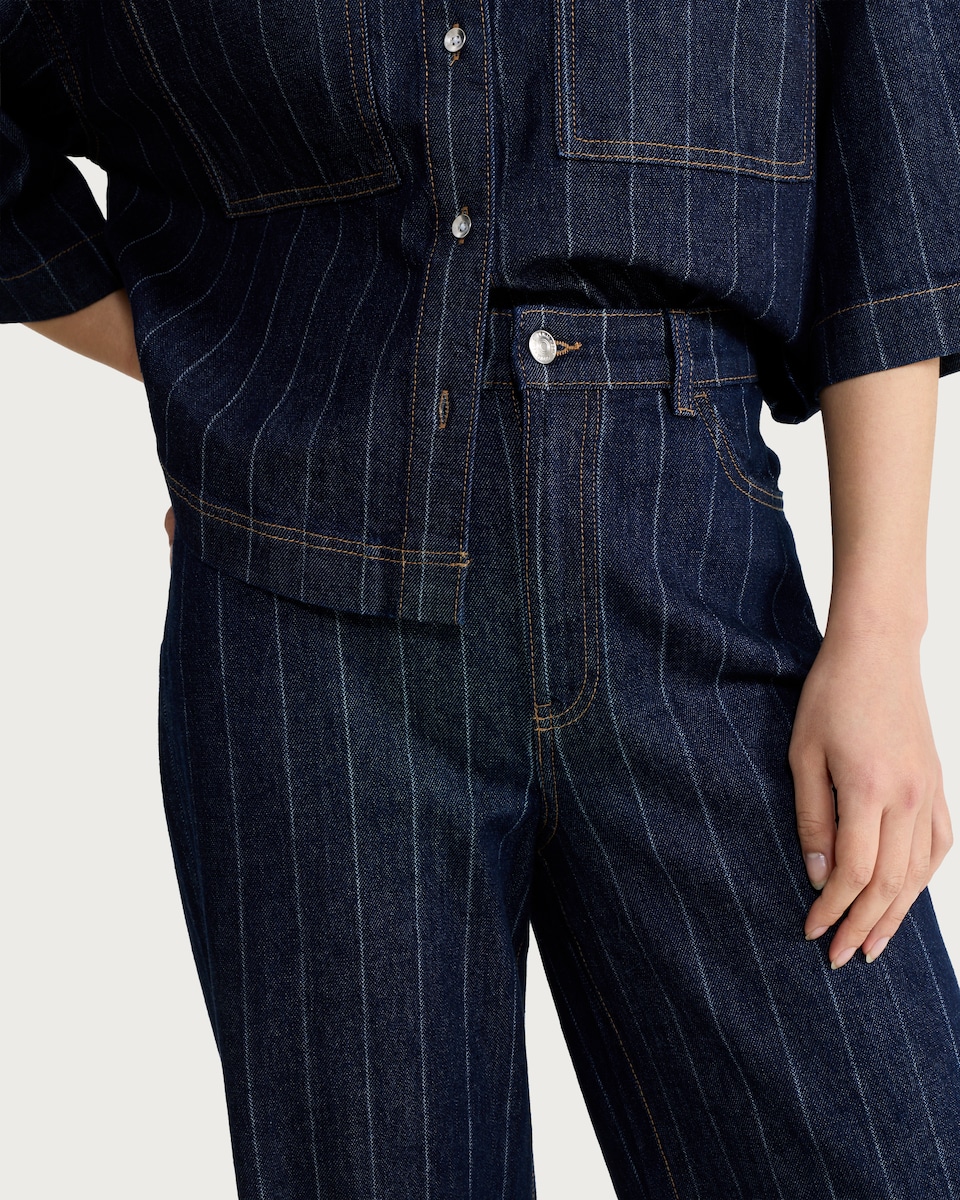 image 1 of F&F Cotton Rich Pinstripe High Rise Wide Leg Co-ord Jeans in Navy