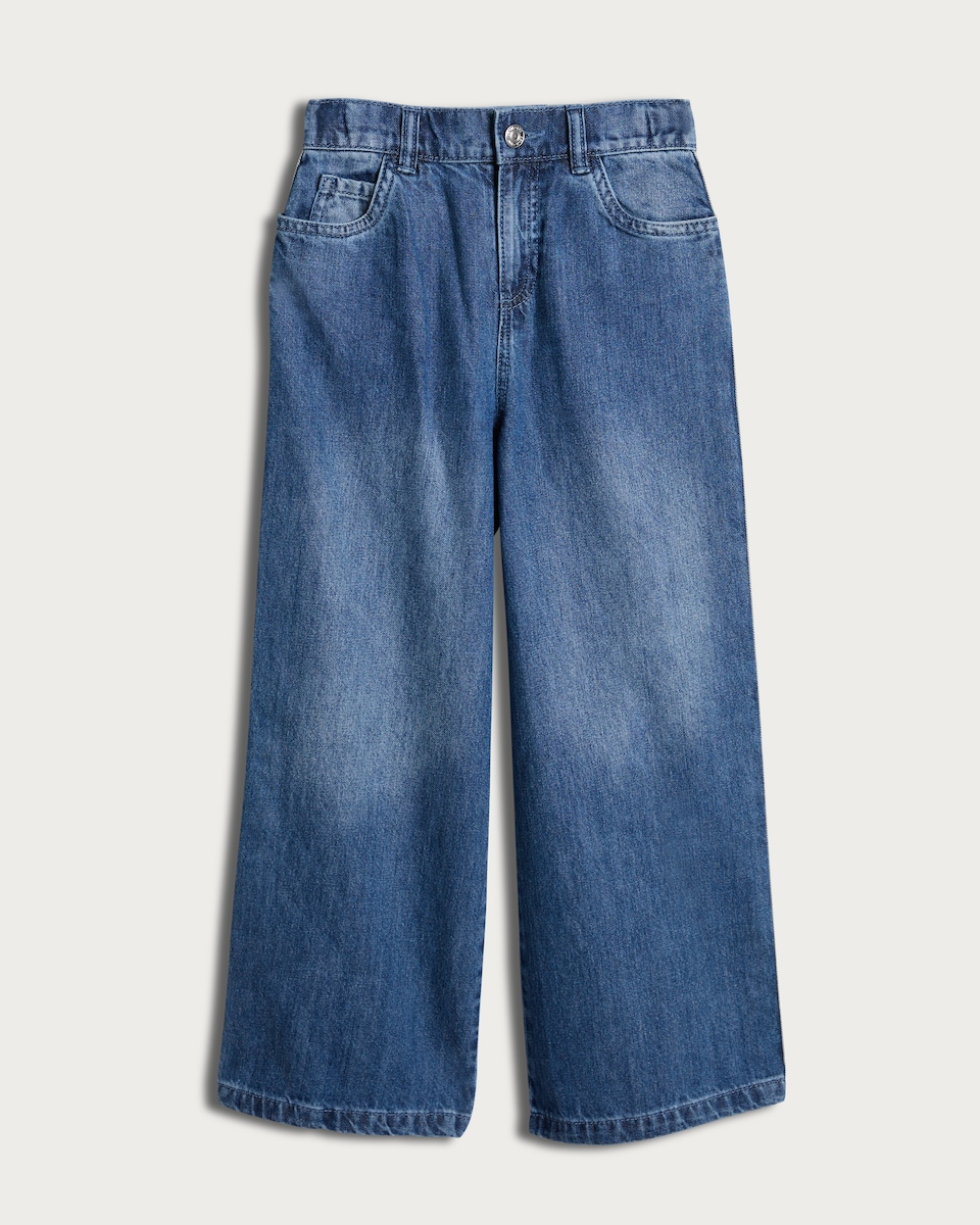 image 1 of F&F Girls Pure Cotton Wide Leg Denim Jeans in Navy