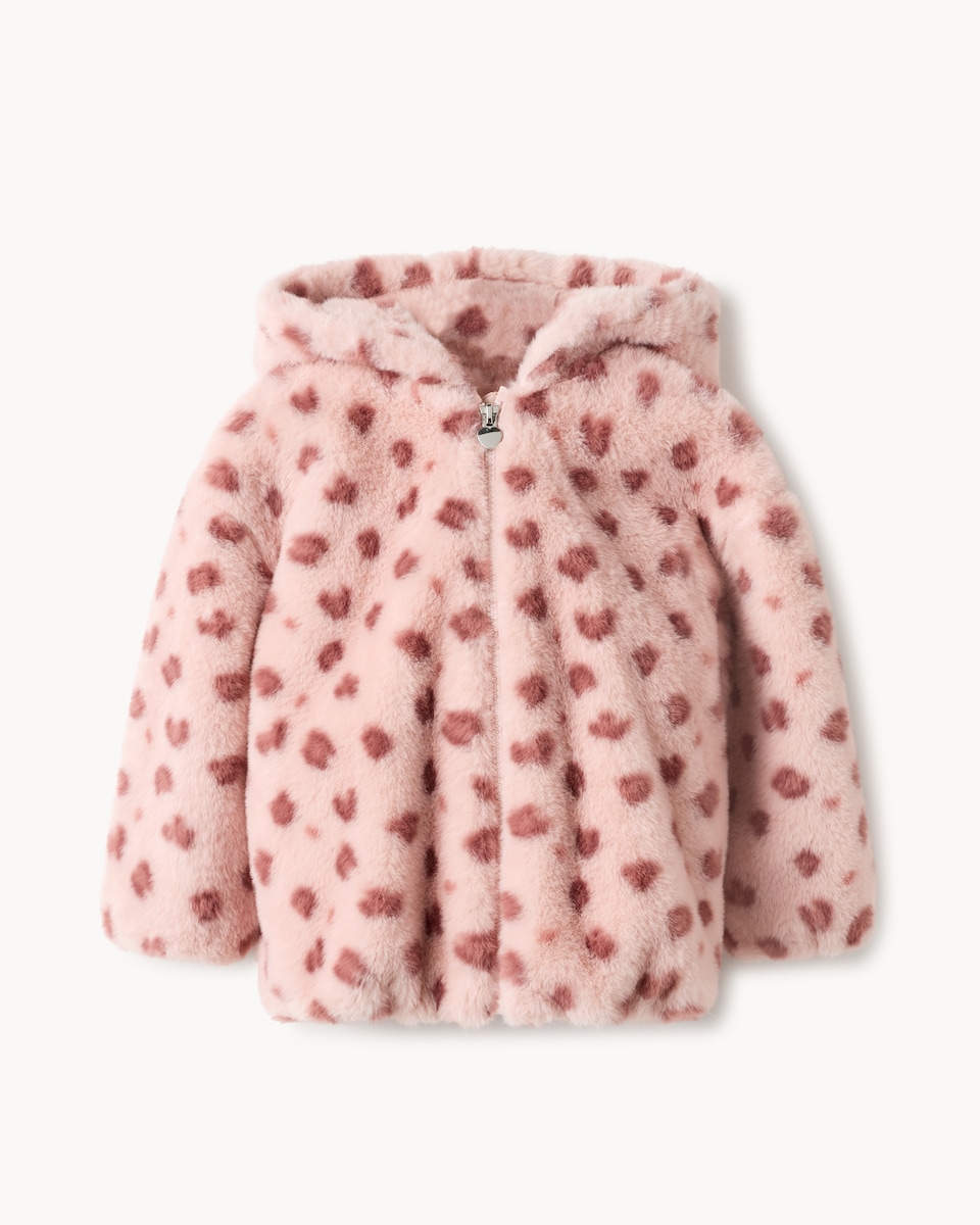 image 1 of F&F Girls Faux Fur Animal Print Jacket in Pink