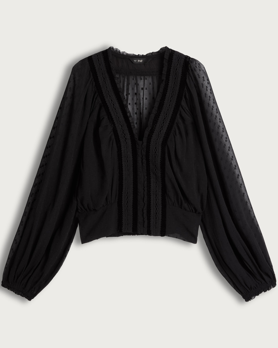 image 1 of F&F Chiffon Dobby Velvet V Neck Blouse in Black