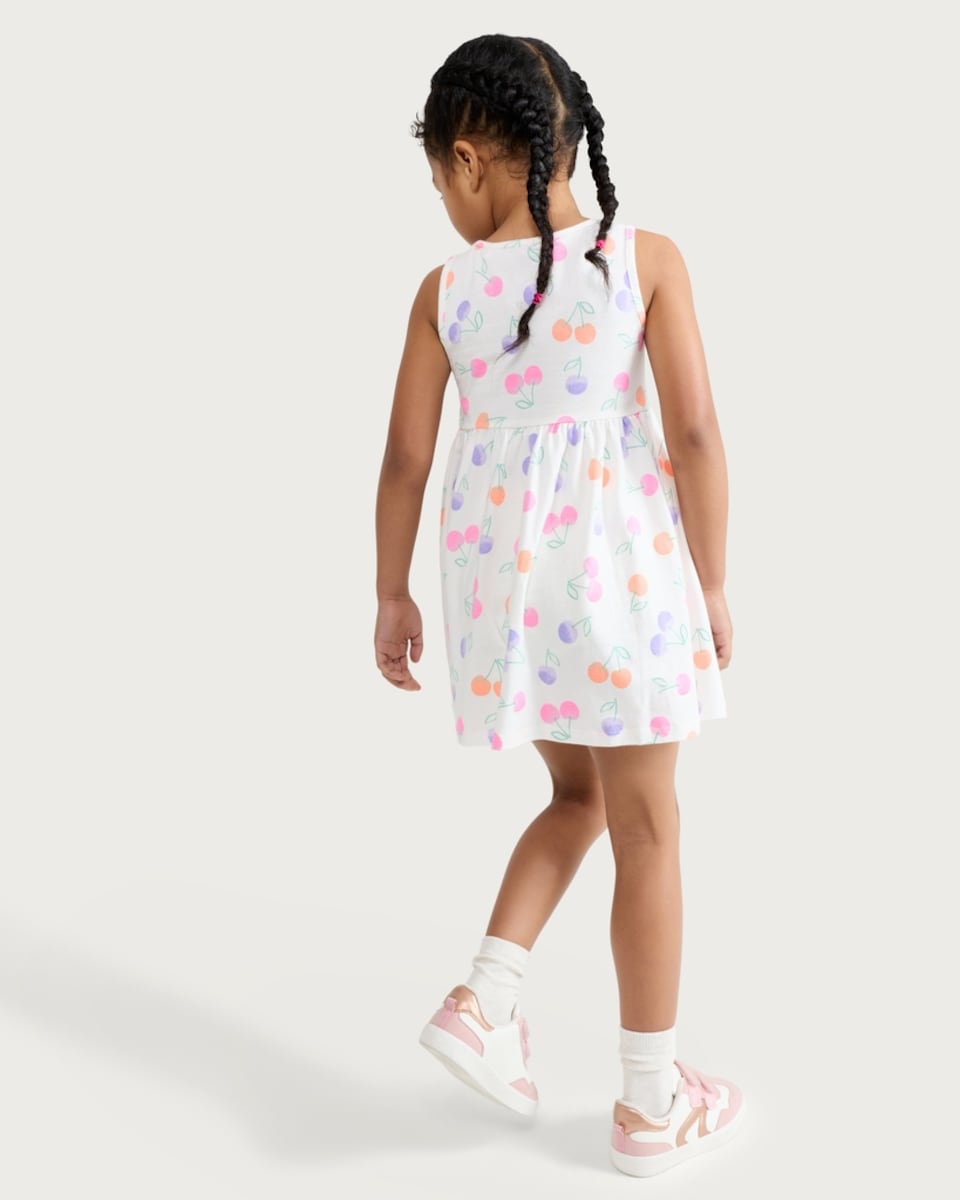 image 1 of F&F Girls Pure Cotton Cherry Print Sleeveless Dress in White