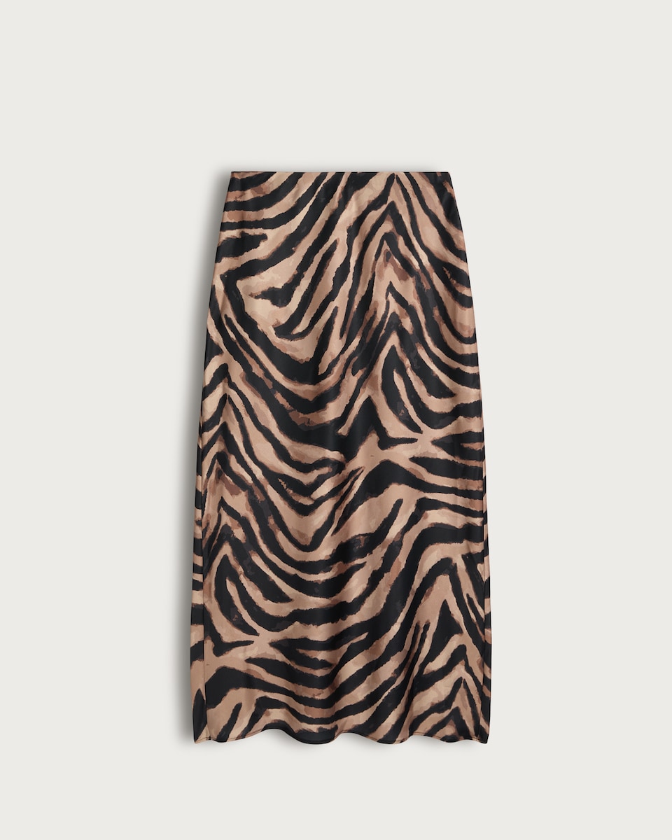 image 1 of F&F Satin Zebra Print Midi Skirt in Multi Brown