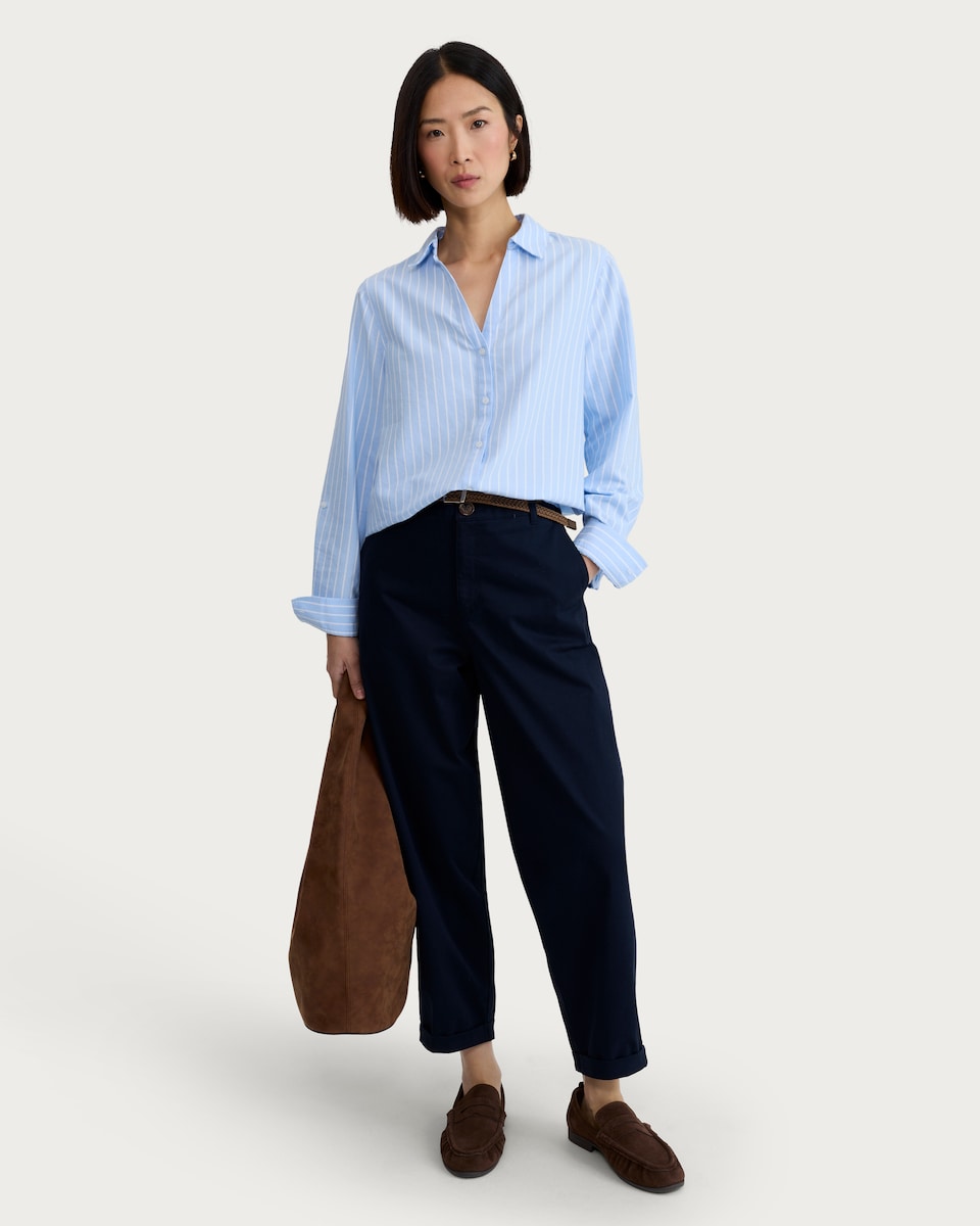 image 1 of F&F Cotton Rich Belted Tapered Mid Rise Chino Trousers in Navy