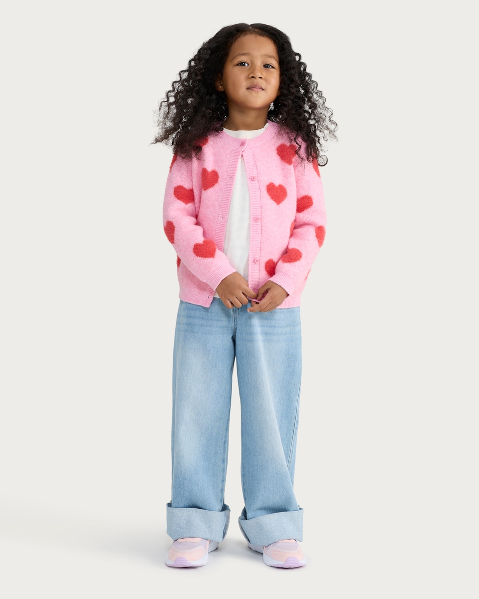image 1 of F&F Girls Textured Heart Pattern Cardigan in Pink