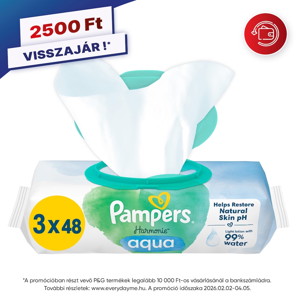 Pampers Harmonie Aqua Nedves Törlőkendő, 3 Csomag = 144 db Törlőkendő  1. kép