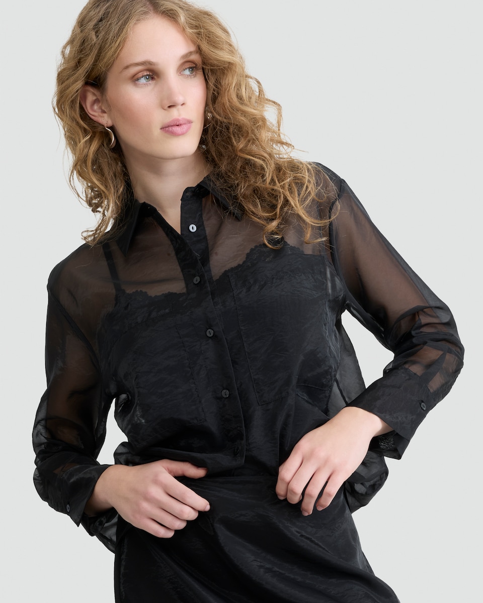 image 1 of F&F Organza Button Up Long Sleeved Shirt in Black