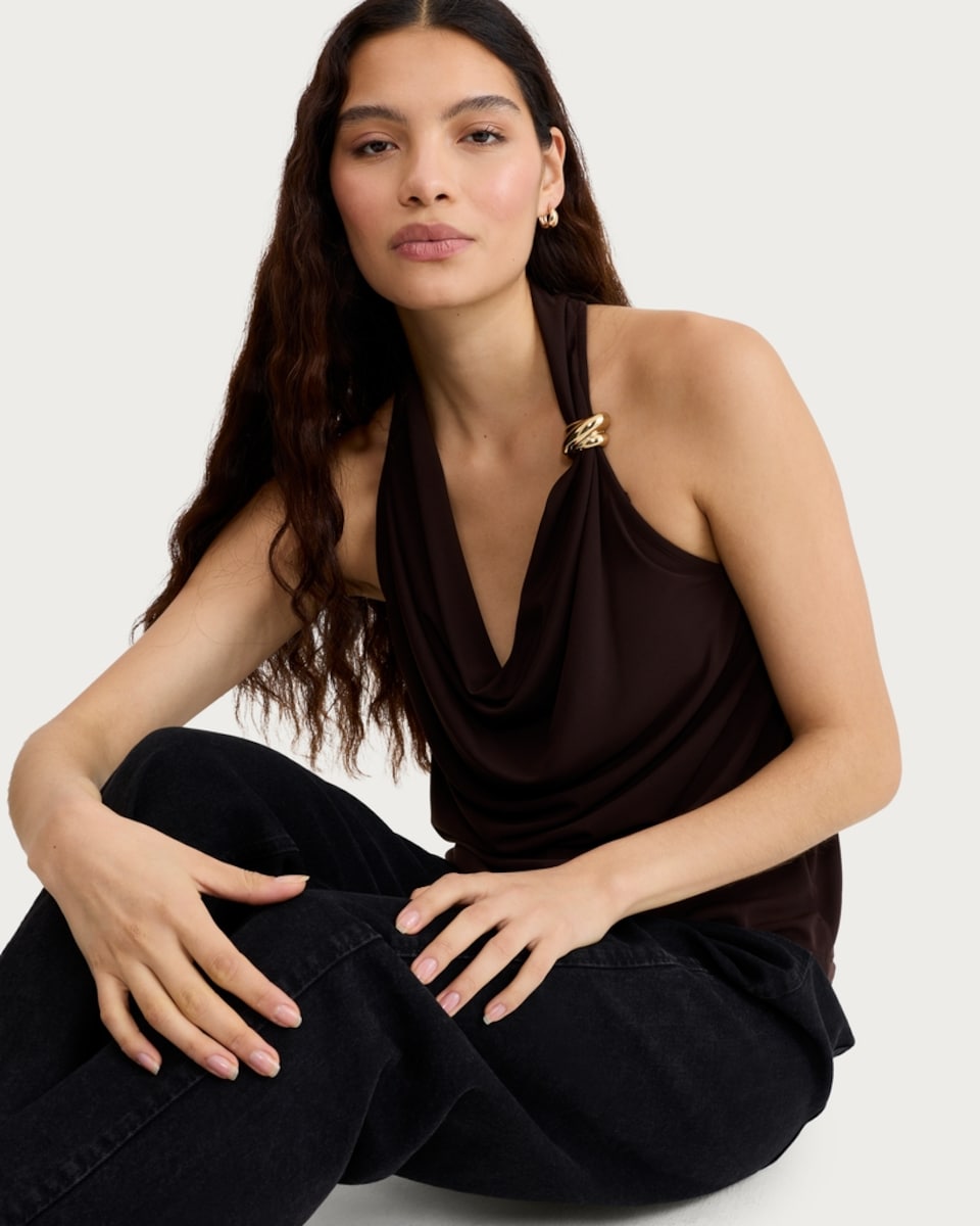 image 1 of F&F Cowl Neck Metal Accent Sleeveless Top in Chocolate