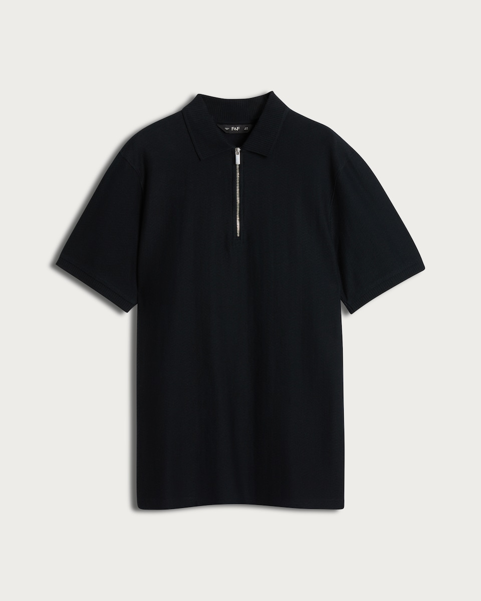 image 1 of F&F Pure Cotton Zip Neck Polo Shirt in Navy