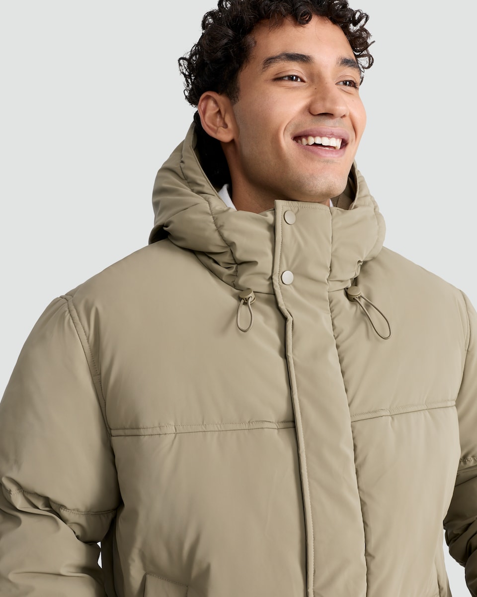 image 1 of F&F Longline Hooded Shower Resistant Puffer Coat in Stone