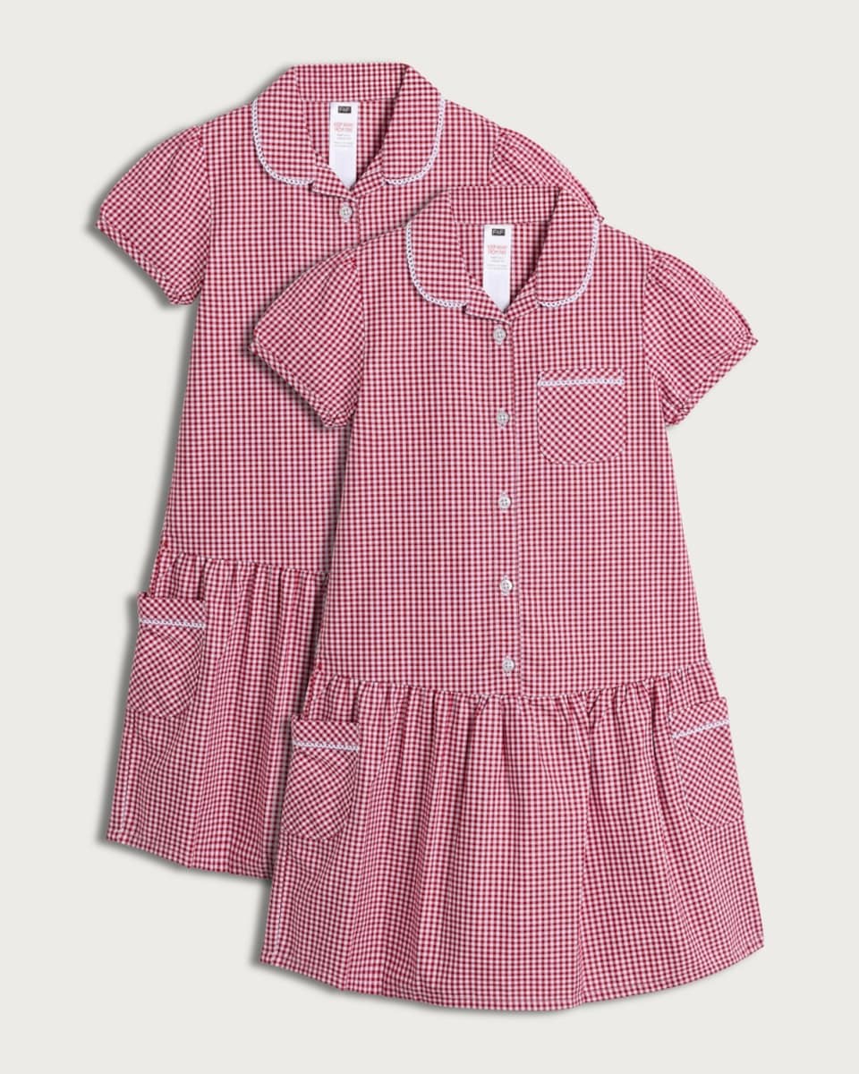 F&F School Girls 2-Pack Cotton Rich Gingham Short Sleeved Dresses in Red