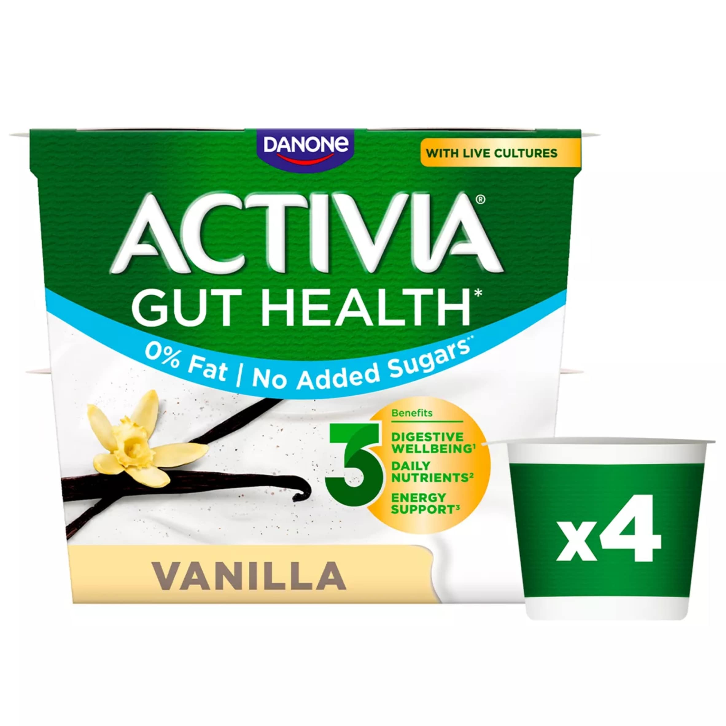 Activia Vanilla No Added Sugar Fat Free Gut Health Yoghurt Multipack 4x115g
