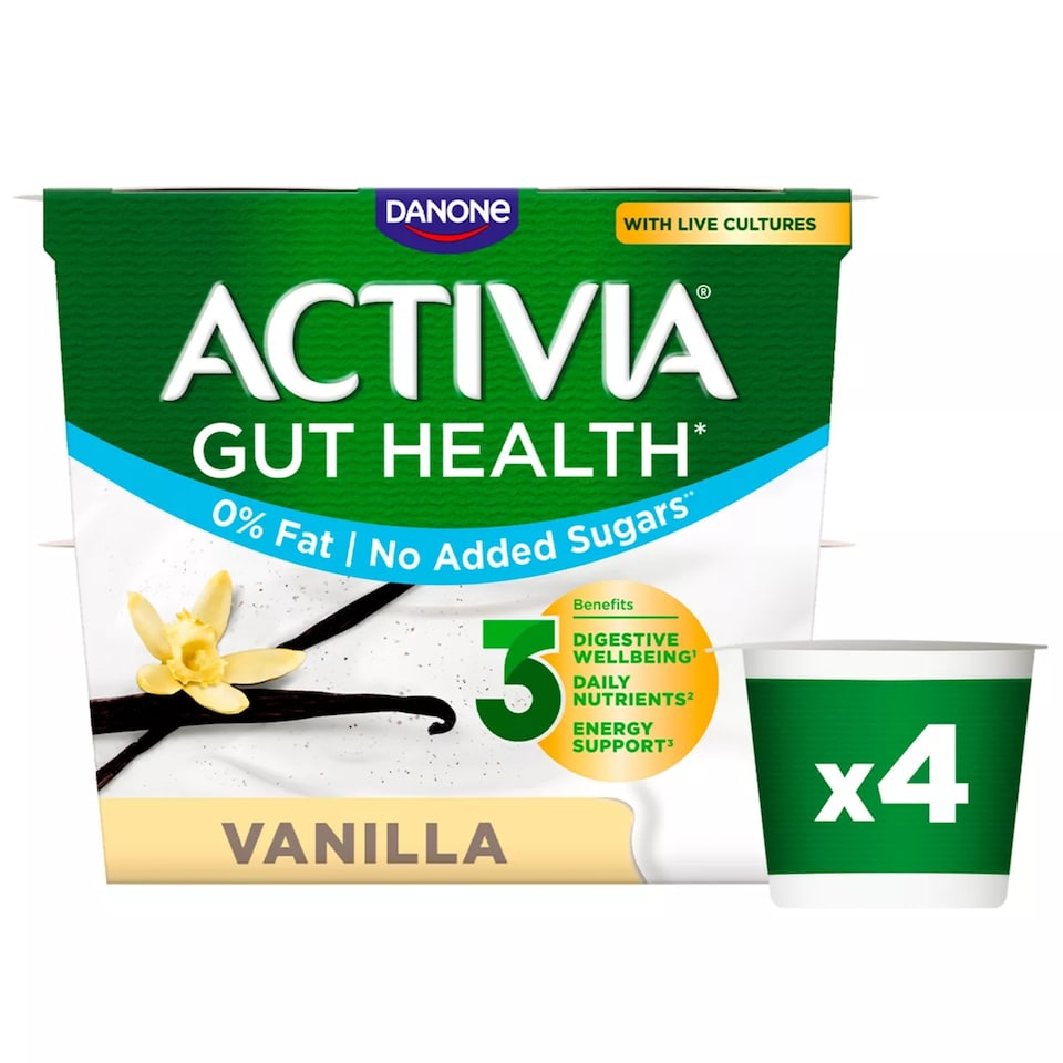 image 1 of Activia Vanilla No Added Sugar Fat Free Gut Health Yoghurt Multipack 4x115g