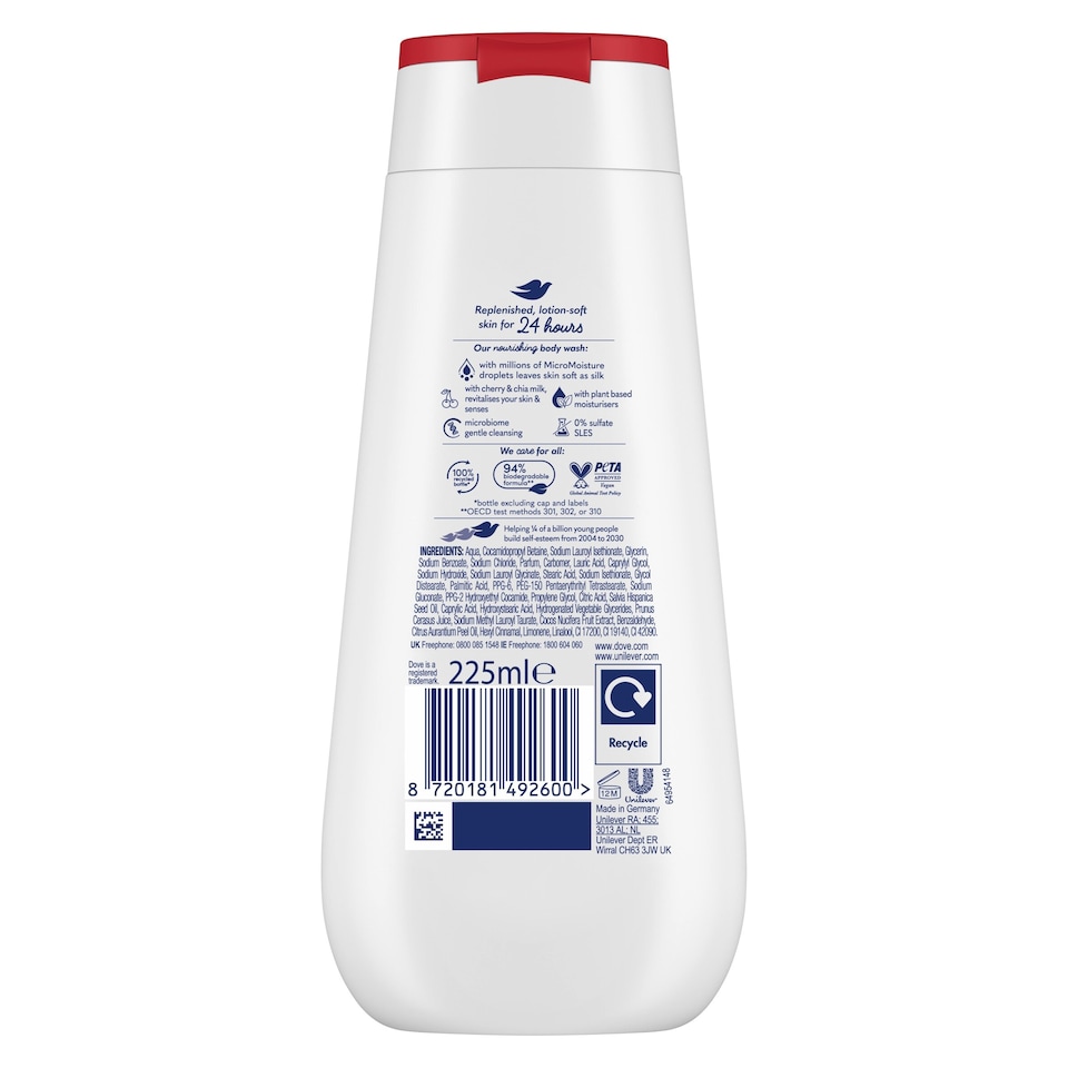 image 1 of Dove Rejuvenating 24hr Moisturisation Advanced Care Body Wash Shower Gel Cherry & Chia Milk 225ml