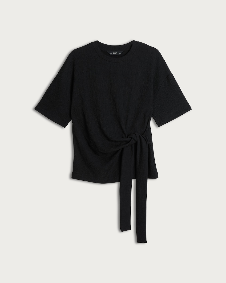 image 1 of F&F Crinkle Tie Front Co-ord Top in Black